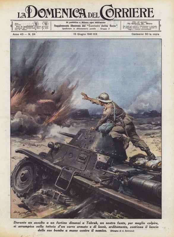 Tijdens een aanval op een fort voor Tobruk, een van onze soldaten, om beter te kunnen raken door Achille Beltrame