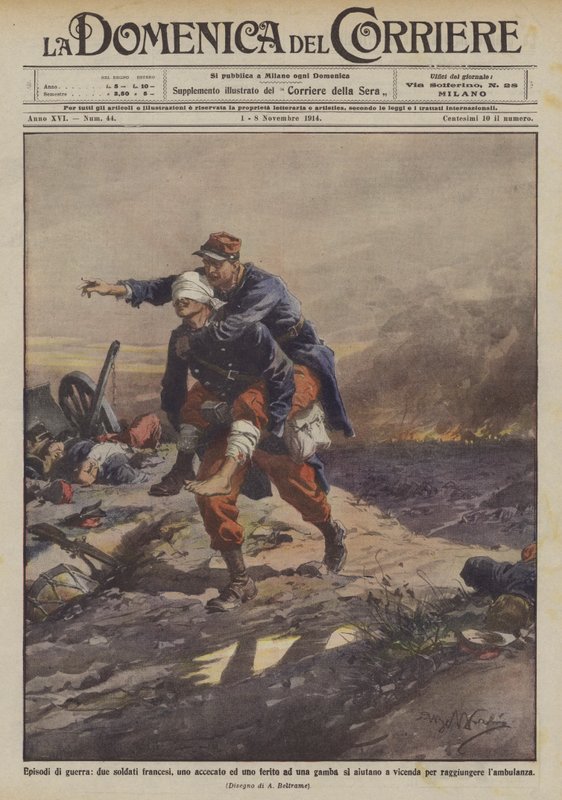 Oorlogsepisoden, twee Franse soldaten, een verblind en een gewond aan een been helpen elkaar door Achille Beltrame