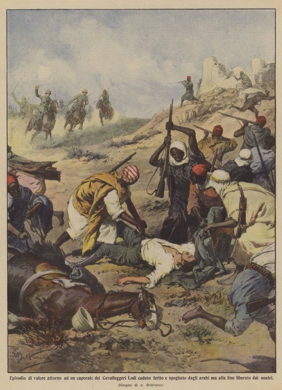 Episode van moed rond een korporaal van de Lodi Cavalerie die gewond raakte en werd beroofd door door Achille Beltrame