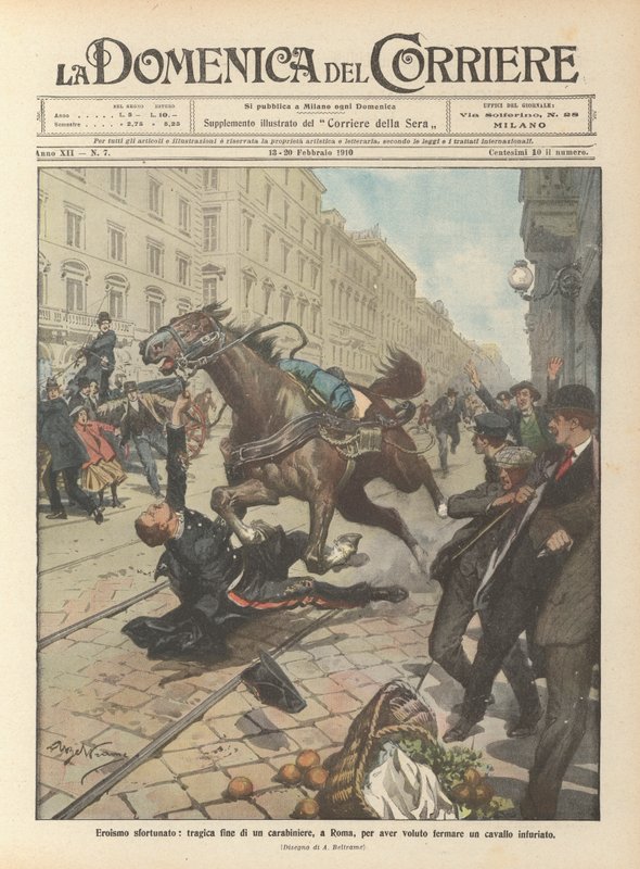 Ongelukkig heldendom, tragisch einde van een carabinier in Rome, die probeerde een op hol geslagen paard te stoppen door Achille Beltrame