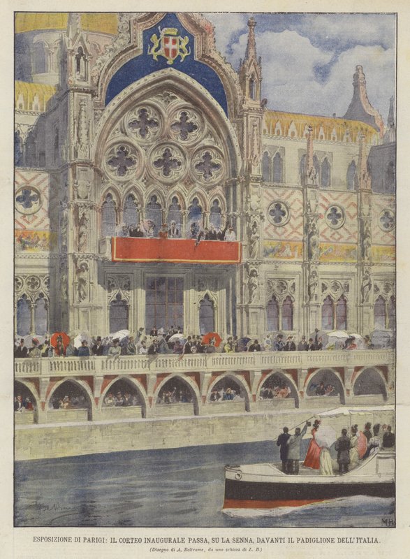Tentoonstelling van Parijs, De Inhuldigingsstoet Passeert, op de Seine, Voorbij het Italiaanse Paviljoen door Achille Beltrame
