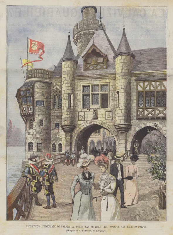 Wereldtentoonstelling van Parijs, de Sint-Michielpoort die leidt naar het oude Parijs door Achille Beltrame