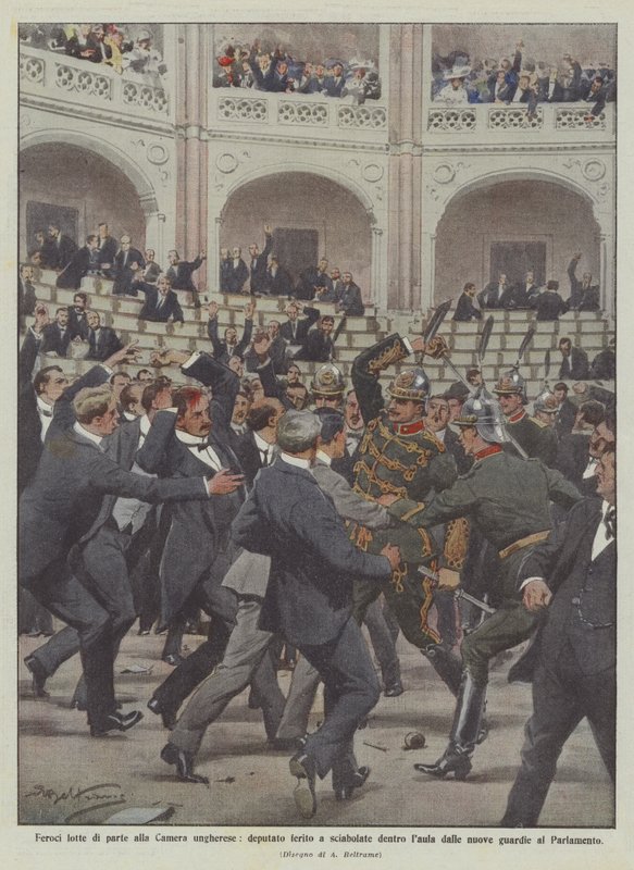 Wrede partijgevechten in het Hongaarse parlement, afgevaardigde gewond door sabelhouwen in de zaal door Achille Beltrame