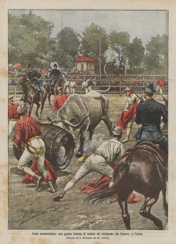 Kenmerkende feesten, een Romeins steekspel met koeien in het velodroom van de Cascine, in Florence door Achille Beltrame