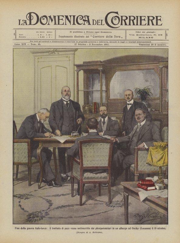 Einde van de Italiaans-Turkse oorlog, het vredesverdrag wordt ondertekend door de gevolmachtigden door Achille Beltrame
