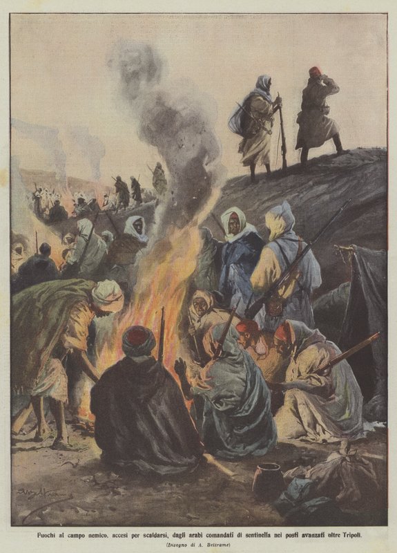 Vuren in het vijandelijke kamp, aangestoken om zich te verwarmen, door de Arabieren die als schildwachten dienen in de voorposten buiten Tripoli door Achille Beltrame
