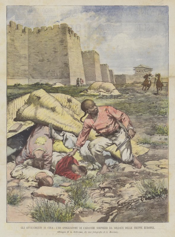 De gebeurtenissen in China, een plunderaar van lijken betrapt door soldaten van de Europese troepen door Achille Beltrame