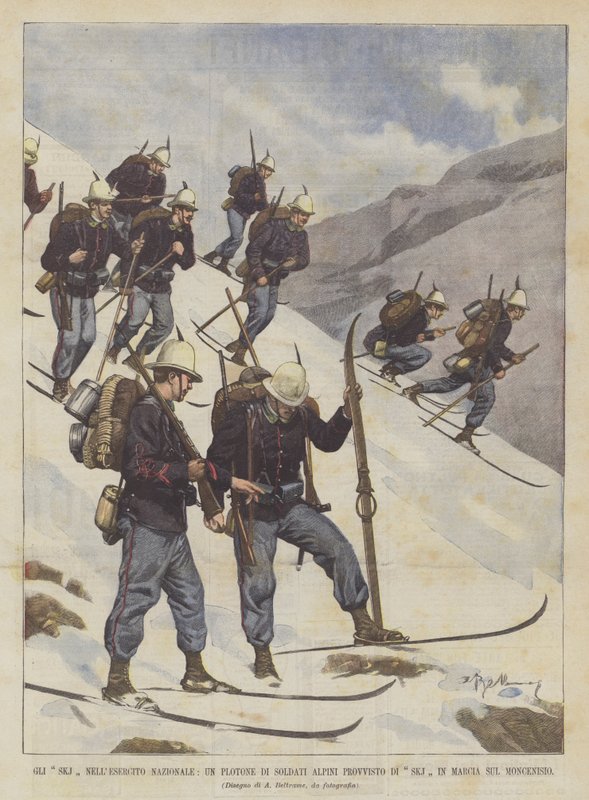 De SKJ in het nationale leger, een peloton Alpenjagers uitgerust met SKJ marcherend op de Moncenisio door Achille Beltrame
