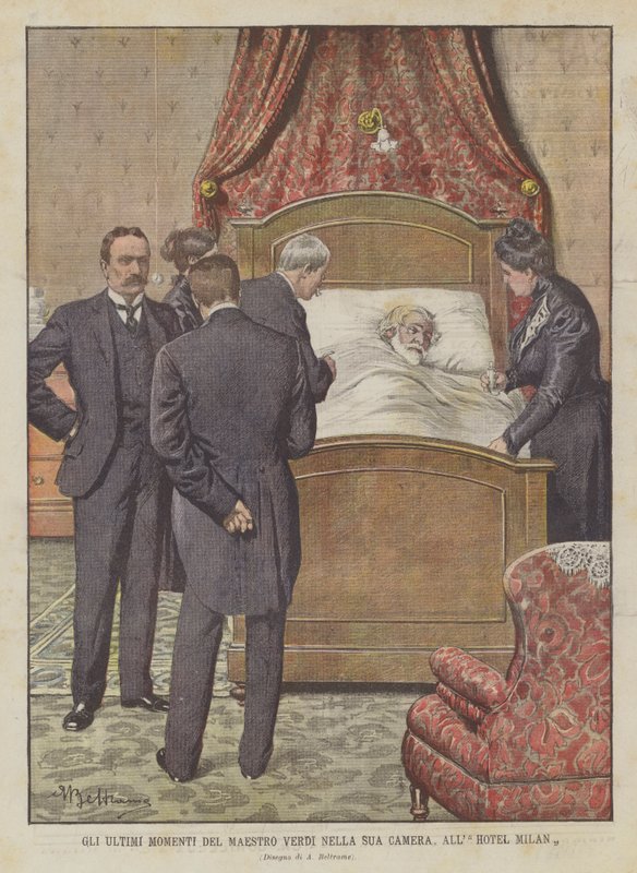 De laatste momenten van Maestro Verdi in zijn kamer, in het Hotel Milan door Achille Beltrame
