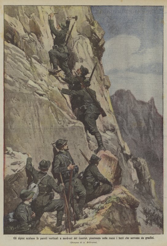 De alpini beklimmen de verticale wanden ten noordoosten van de Cauriol, waarbij ze ijzers in de rotsen slaan die als treden dienen door Achille Beltrame