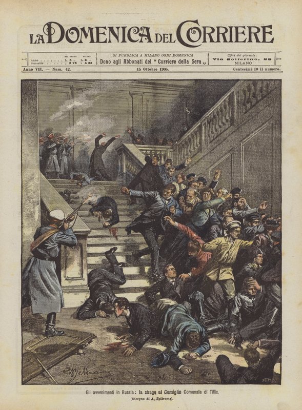 De gebeurtenissen in Rusland, het bloedbad in de gemeenteraad van Tiflis door Achille Beltrame