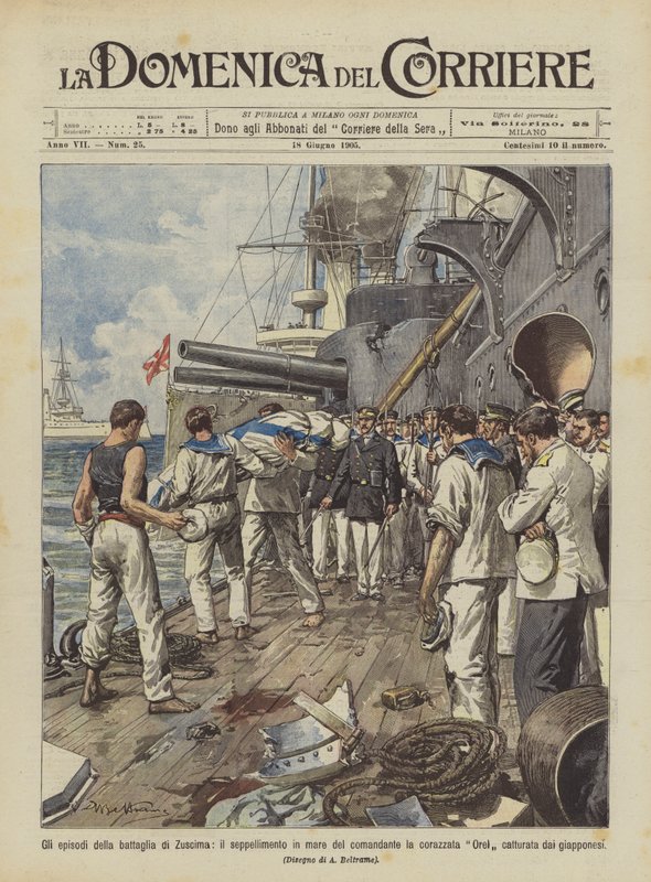 De episodes van de slag bij Tsushima, de begrafenis op zee van de commandant van het slagschip Orel door Achille Beltrame
