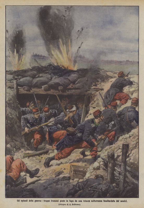 De episoden van de oorlog, Franse troepen op de vlucht geslagen door een ondergrondse loopgraaf gebombardeerd door de vijanden door Achille Beltrame