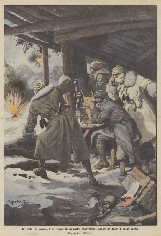 De ogen die de artillerie leiden, in een van onze observatieposten tijdens een duel van zware kalibers door Achille Beltrame