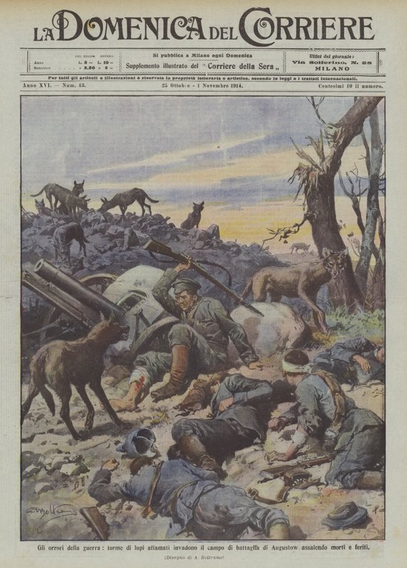De verschrikkingen van de oorlog, hongerige wolven zwermen over het slagveld van Augustow en vallen doden en gewonden aan door Achille Beltrame