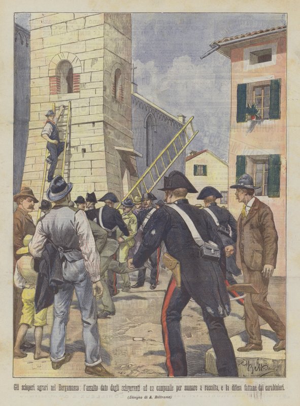 De agrarische stakingen in Bergamo, de aanval van de stakers op een klokkentoren om te luiden door Achille Beltrame