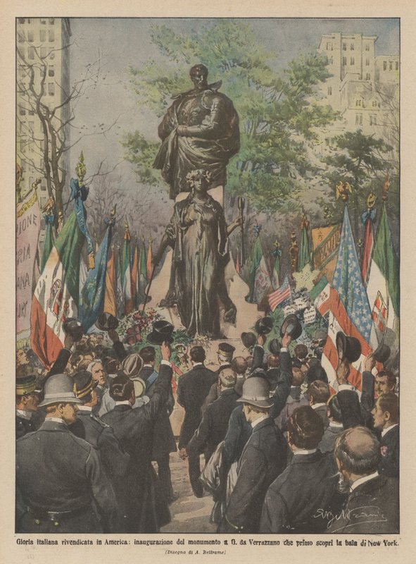 Italiaanse glorie opgeëist in Amerika, inwijding van het monument voor G. da Verrazzano door Achille Beltrame