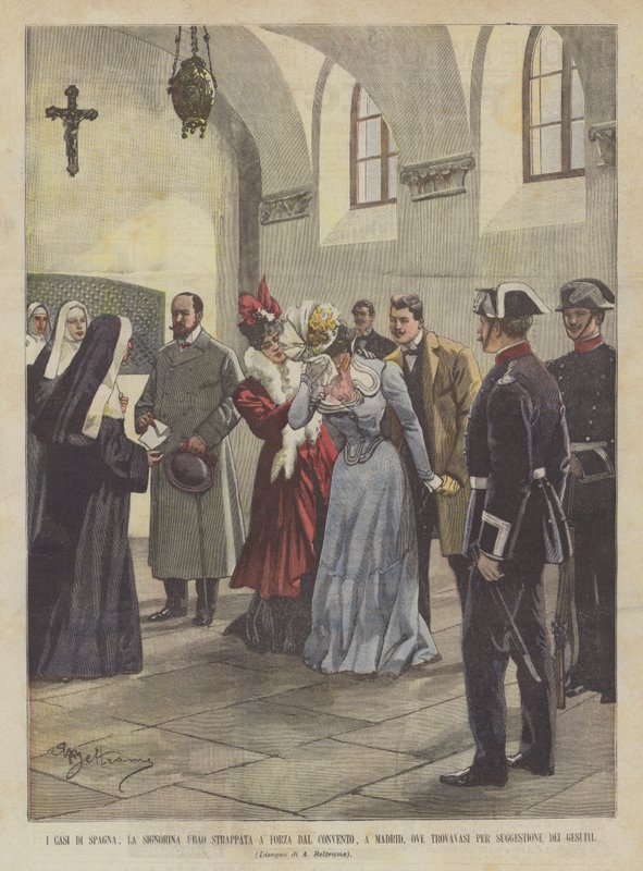 De gevallen van Spanje, juffrouw Ubao met geweld uit het klooster gehaald, in Madrid, waar ze was voor... door Achille Beltrame