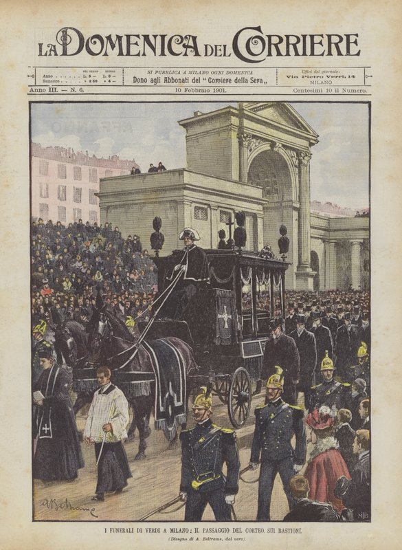 De begrafenis van Verdi in Milaan, de passage van de stoet op de bastions door Achille Beltrame