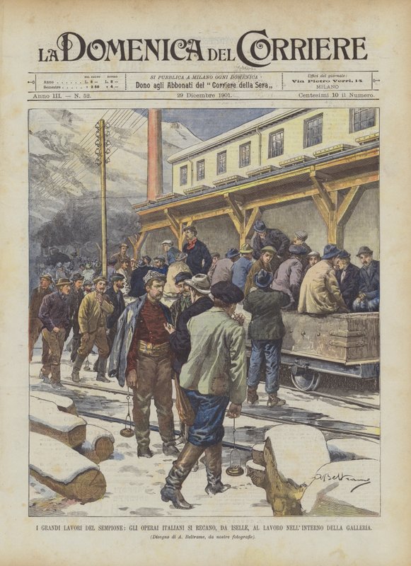 De grote werken van de Simplon, Italiaanse arbeiders gaan van Iselle naar het werk in de tunnel door Achille Beltrame