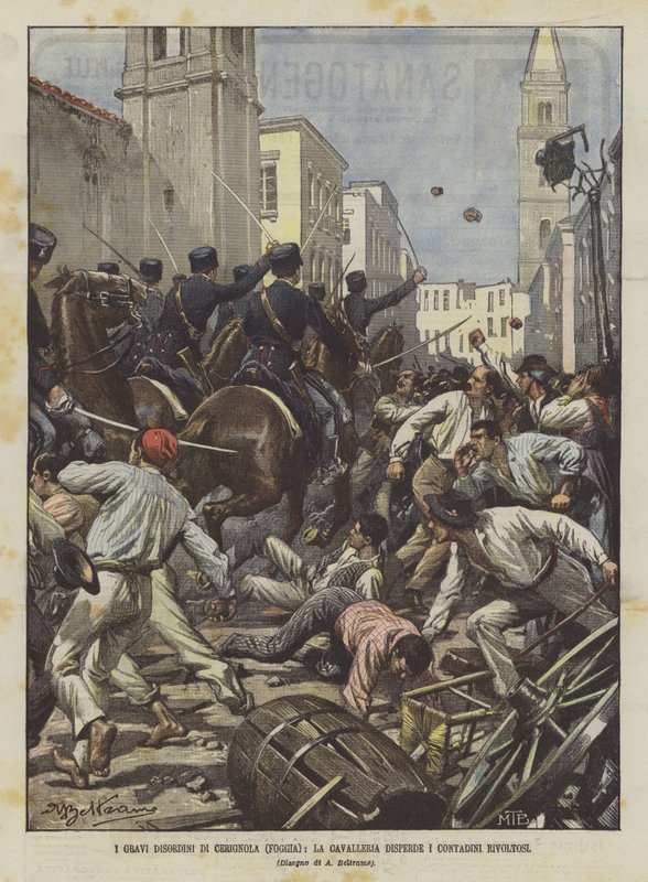 De ernstige ongeregeldheden van Cerignola (Foggia), de cavalerie verspreidt de opstandige boeren door Achille Beltrame