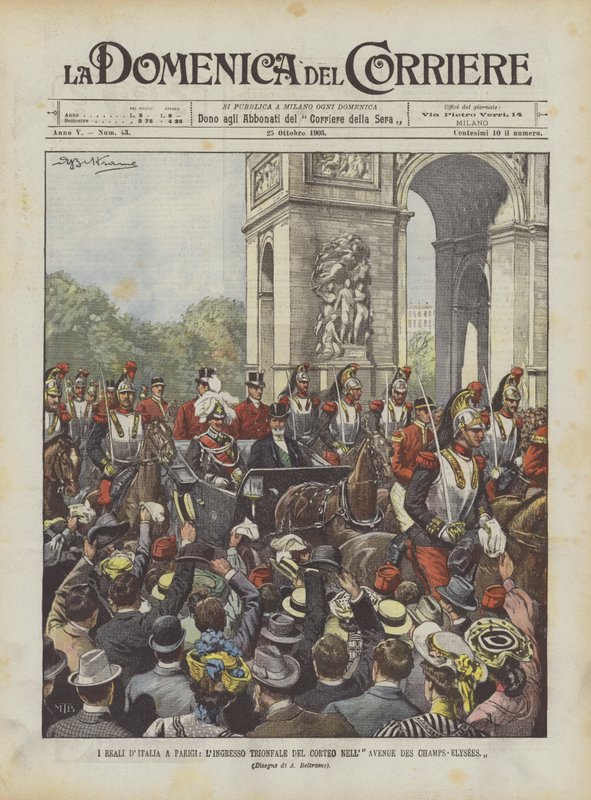 De koninklijke familie van Italië in Parijs, de triomfantelijke intocht van de stoet op de Avenue des Champs-Elysées door Achille Beltrame