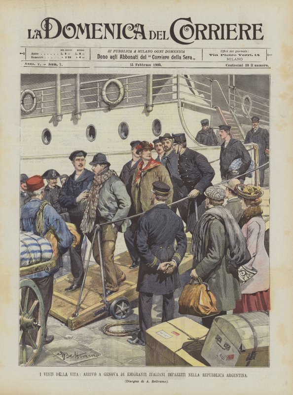 De verslagenen van het leven, aankomst in Genua van Italiaanse emigranten die gek zijn geworden in de Argentijnse Republiek door Achille Beltrame