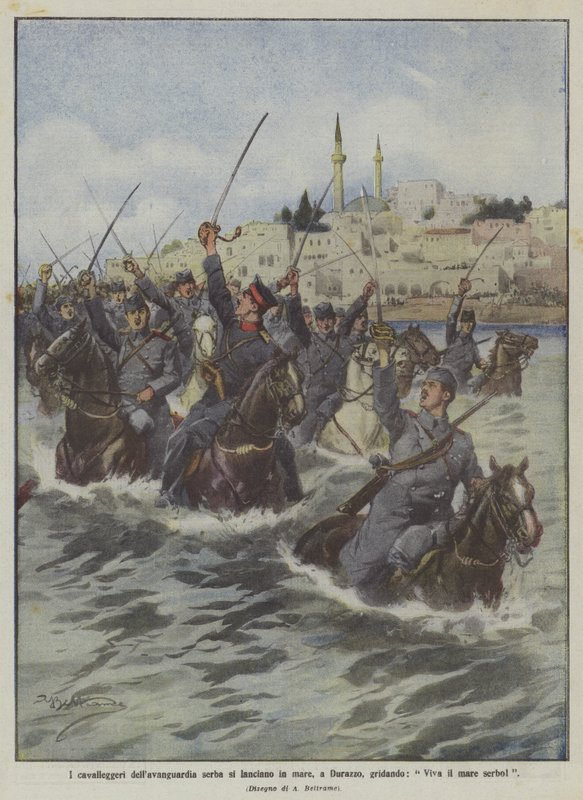 De cavalerie van de Servische voorhoede stormt de zee in bij Durazzo, roepend 