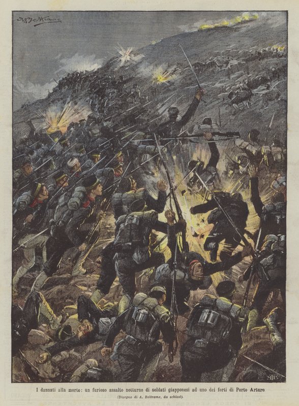 De verdoemden tot de dood, een woedende nachtelijke aanval van Japanse soldaten op een van de forten van Port Arthur door Achille Beltrame