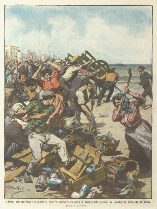 De misdaden van onwetendheid, het volk van Molfetta vernietigt een wagen met ontsmettingsmiddelen door Achille Beltrame