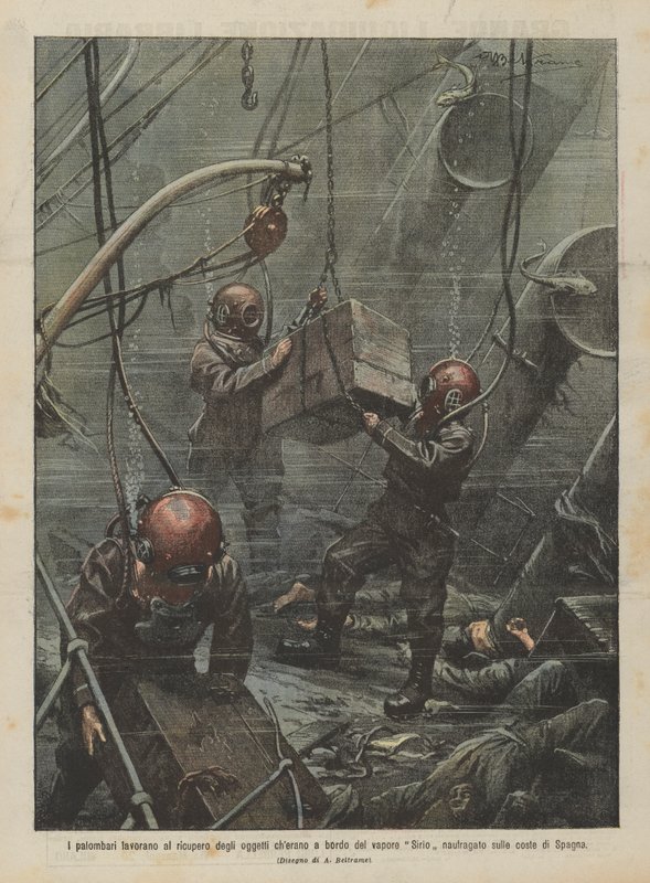 De duikers werken aan het bergen van de voorwerpen die aan boord waren van het stoomschip Sirio dat schipbreuk leed aan de kust van Spanje door Achille Beltrame