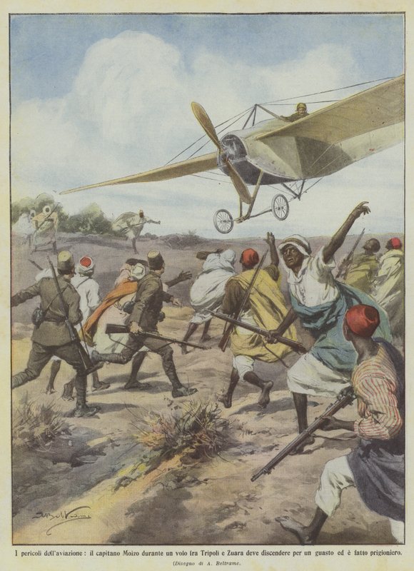 De gevaren van de luchtvaart, kapitein Moizo die tijdens een vlucht tussen Tripoli en Zuara moet landen door Achille Beltrame