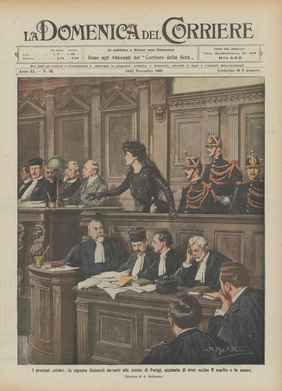 De beroemde processen, mevrouw Steinheil voor het Hof van Assisen in Parijs, beschuldigd van moord door Achille Beltrame