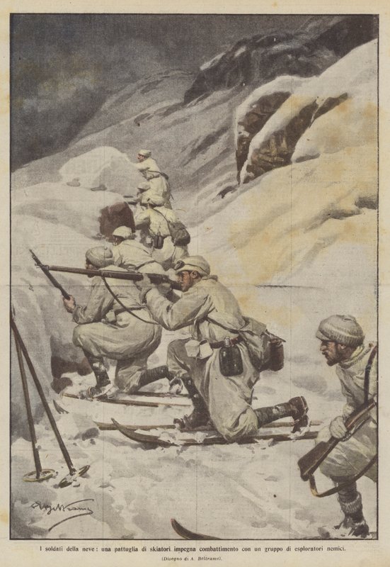 De sneeuwsoldaten, een patrouille van skiërs vecht met een groep vijandelijke verkenners door Achille Beltrame