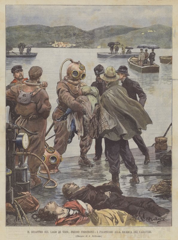 De Ramp op het Meer van Vico, nabij Frosinone, Duikers op Zoek naar de Lichamen door Achille Beltrame