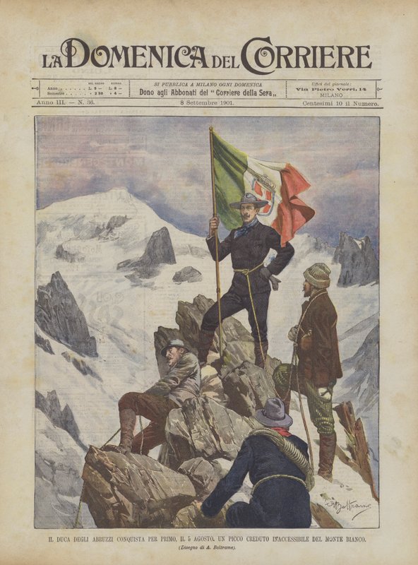 De hertog van de Abruzzen beklimt als eerste, op 5 augustus, een voorheen ontoegankelijke piek van de Mont Blanc door Achille Beltrame