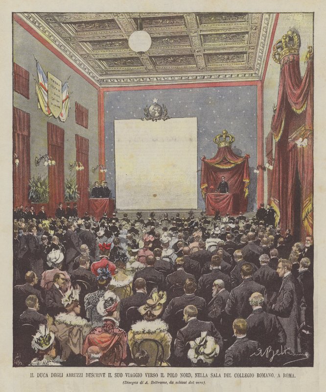 De hertog van de Abruzzi beschrijft zijn reis naar de Noordpool, in de zaal van het Collegio Romano, in Rome door Achille Beltrame