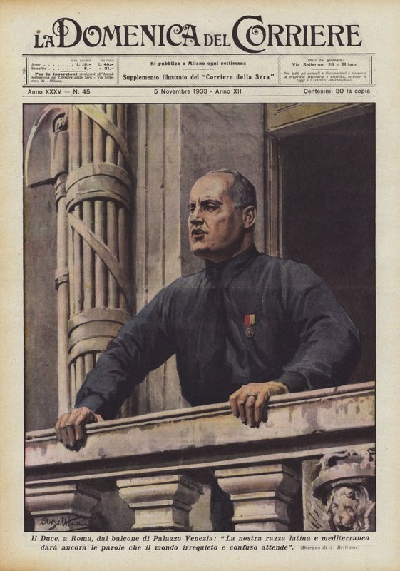 De Duce, in Rome, vanaf het balkon van het Palazzo Venezia, Ons Latijnse en mediterrane ras zal nog steeds... door Achille Beltrame