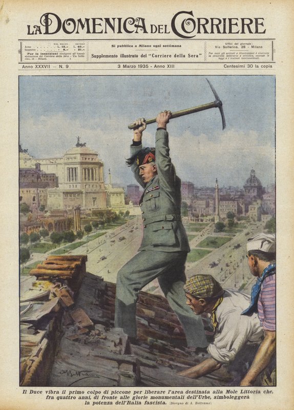De Duce slaat de eerste slag met de houweel om het gebied vrij te maken voor de Mole Littoria die ? door Achille Beltrame
