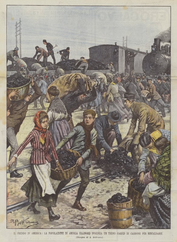 De kou in Amerika, de bevolking van Arcola (Illinois) plundert een trein vol kolen om zich te verwarmen door Achille Beltrame