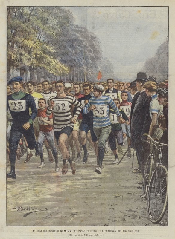 De rondgang van de vestingwerken van Milaan in looppas, het vertrek van de 160 hardlopers door Achille Beltrame