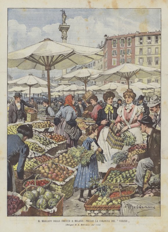 De fruitmarkt in Milaan, bij de Verzee-kolom door Achille Beltrame