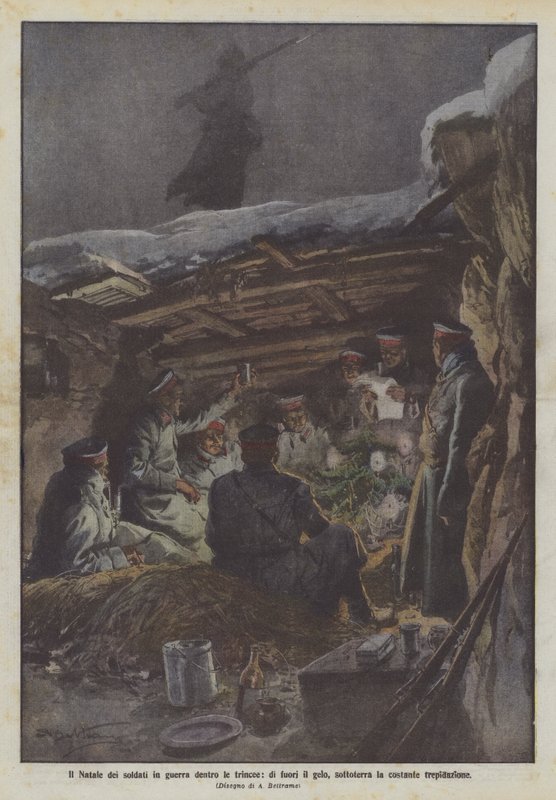 Kerstmis van de soldaten in oorlog in de loopgraven, buiten de kou, ondergronds de constante spanning door Achille Beltrame