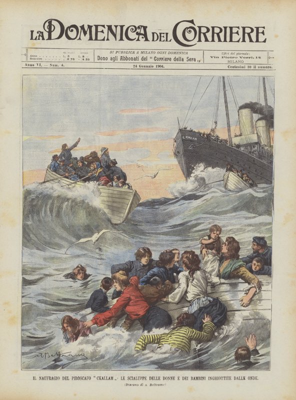 Het schipbreuk van de stoomboot Ckallam, de reddingsboten van vrouwen en kinderen opgeslokt door de golven door Achille Beltrame