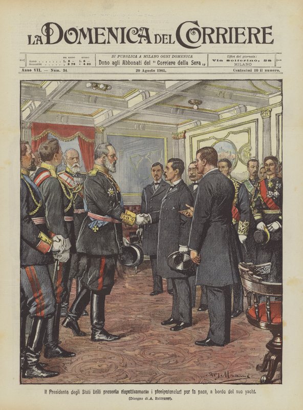 De president van de Verenigde Staten presenteert respectievelijk de gevolmachtigden voor de vrede, aan boord van zijn jacht door Achille Beltrame