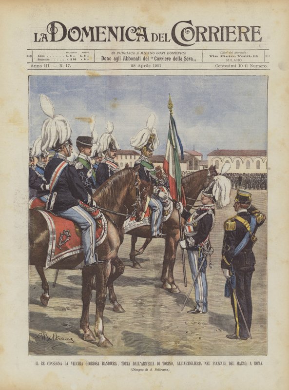 De koning overhandigt de oude glorieuze vlag, genomen uit het arsenaal van Turijn, aan de artillerie door Achille Beltrame