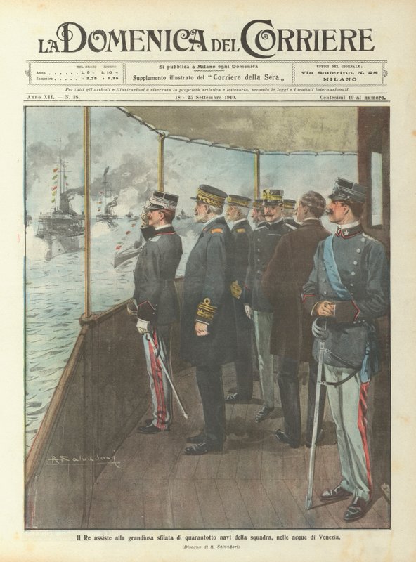 De koning woont de grootse parade van achtenveertig schepen van de vloot bij, in de wateren van Venetië door Achille Beltrame