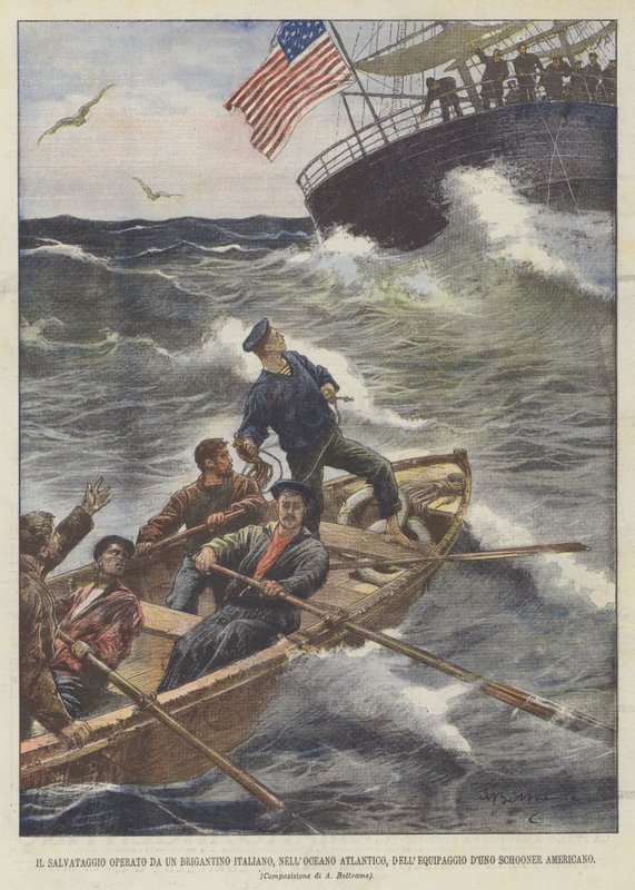 De redding uitgevoerd door een Italiaanse brigantijn in de Atlantische Oceaan, de bemanning van een Amerikaanse schoener door Achille Beltrame
