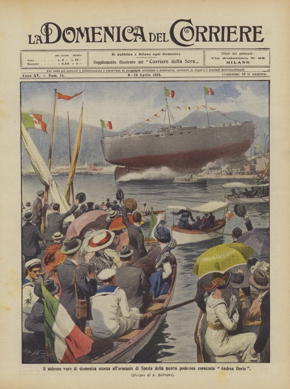 De plechtige tewaterlating van afgelopen zondag in de arsenalen van Spezia van het nieuwe machtige slagschip Andrea Doria door Achille Beltrame