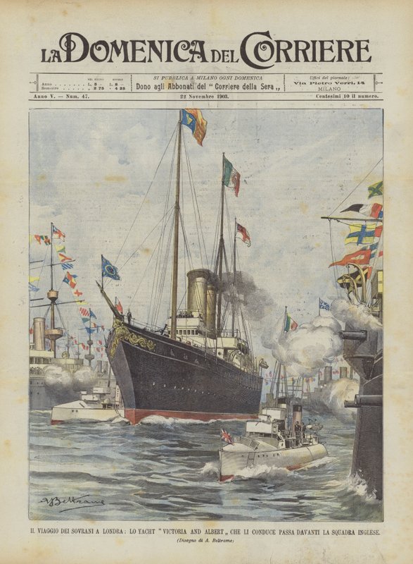 De reis van de vorsten naar Londen, het jacht Victoria and Albert dat hen vervoert passeert de Engelse vloot door Achille Beltrame